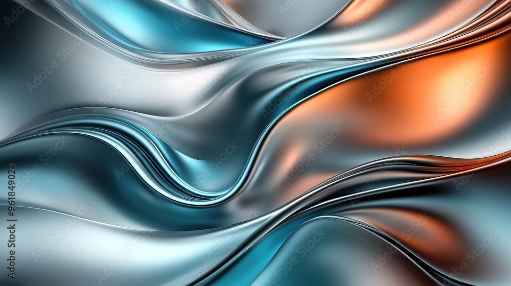 Fototapeta premium A mesmerizing wave pattern combining silver, blue, and orange hues, creating an elegant and dynamic visual effect.