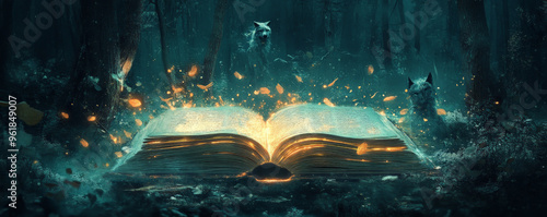 A glowing book in a dark forest, with mystical creatures like wolves and owls emerging from its pages. photo