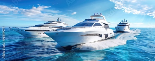 luxurious yachts sailing in formation on the open sea, epitomizing wealth, luxury, and maritime adventure.