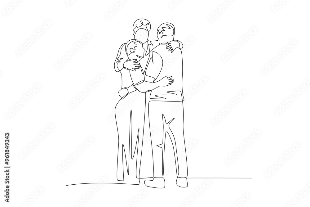 A family that comes together after a long separation. Returning home to their families concept one-line drawing A family that comes together after a long separation. Returning home to their families concept one-line drawing