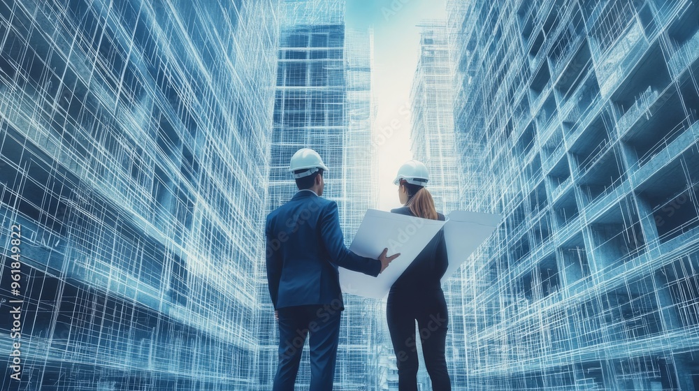 Fototapeta premium Teamwork in construction with blueprints