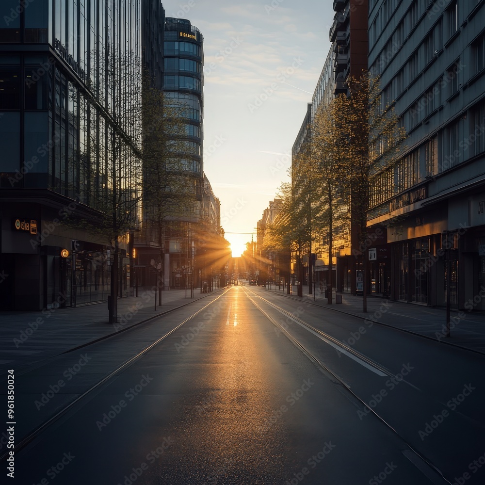Tranquil Urban Scenes: Empty Streets Bathed in Golden Hour Light Tranquil Urban Scenes: Empty Streets Bathed in Golden Hour Light