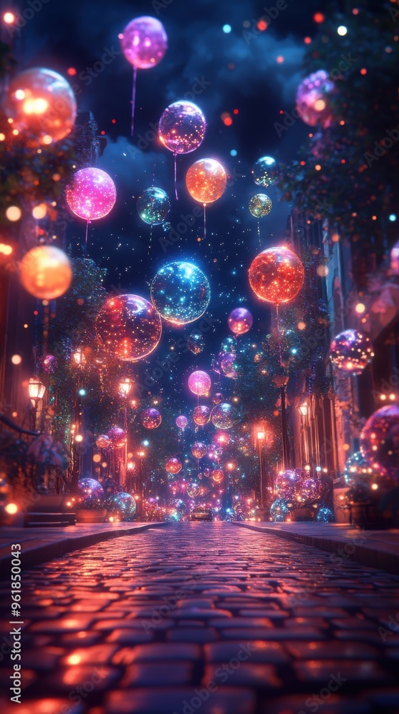Magical street illuminated by glowing orbs and lanterns creating a whimsical, festive atmosphere on a cobblestone path under the night sky. Magical street illuminated by glowing orbs and lanterns creating a whimsical, festive atmosphere on a cobblestone path under the night sky.