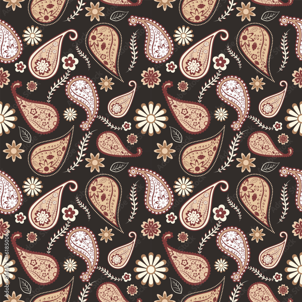 Paisley pattern. Abstract background of paisley design for dress, fashion, fabric, textile. Paisley seamless, traditional ethic ornament for decoration. Brown color tone. Paisley pattern. Abstract background of paisley design for dress, fashion, fabric, textile. Paisley seamless, traditional ethic ornament for decoration. Brown color tone.