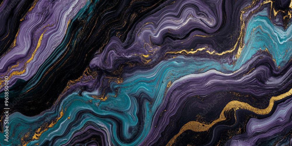 A bold and vibrant marble texture with swirling patterns of purple, teal, and black, accented by gold veins. A bold and vibrant marble texture with swirling patterns of purple, teal, and black, accented by gold veins.