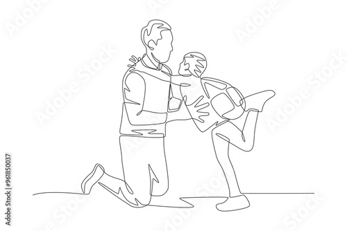 A happy child meets his father coming home from a long shift. Returning home to their families concept one-line drawing
