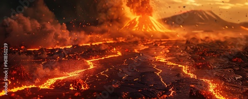 molten lava erupting and flowing from a volcano with a fiery, ash-filled sky, depicting natural disaster and raw power. banner