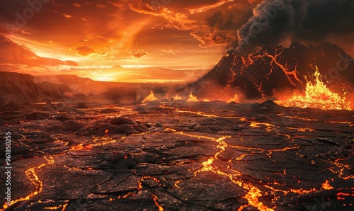 molten lava erupting and flowing from a volcano with a fiery, ash-filled sky, depicting natural disaster and raw power. banner