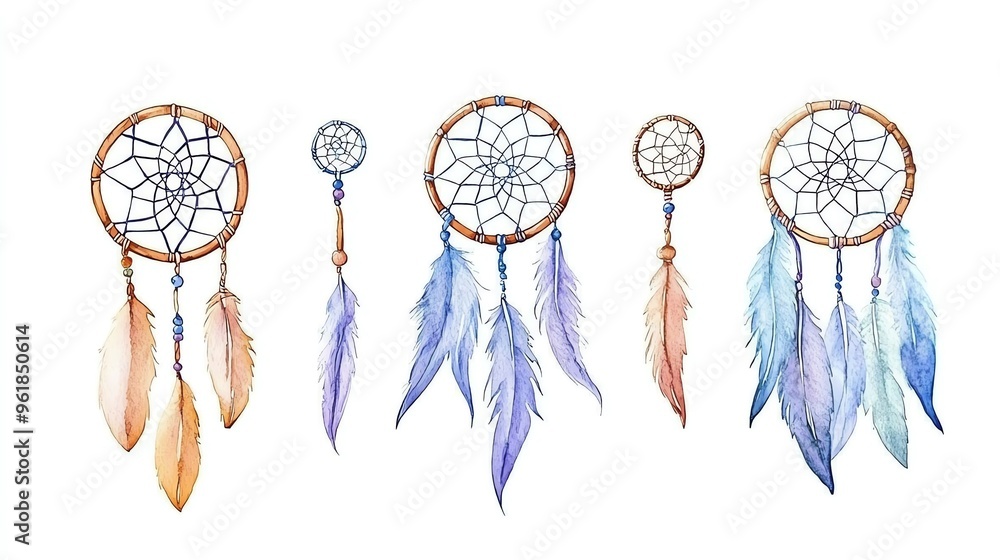 boho wedding card, dreamcatcher elements, watercolor illustration, muted colors, isolated on white background boho wedding card, dreamcatcher elements, watercolor illustration, muted colors, isolated on white background