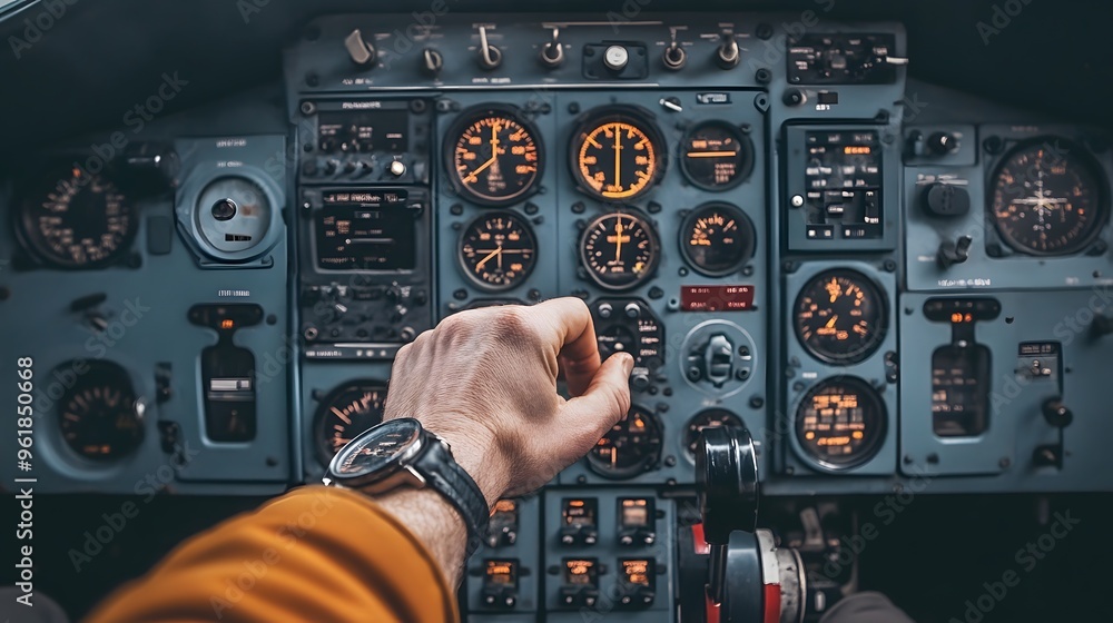 Pilot’s Hand on an Aircraft Control: A pilot's hand gripping the controls in an airplane cockpit, with dials and meters in the background.
Pilot’s Hand on an Aircraft Control: A pilot's hand gripping the controls in an airplane cockpit, with dials and meters in the background.