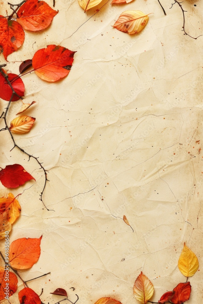 Fototapeta premium A white background with a few orange leaves on it