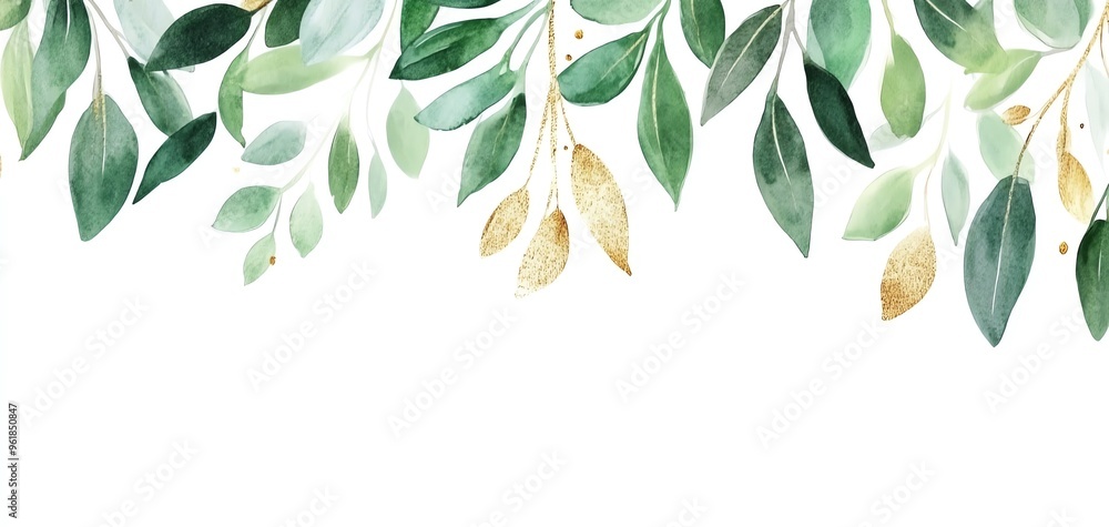 elegant botanical wedding card, green leaves and gold accents, watercolor illustration, isolated on white background elegant botanical wedding card, green leaves and gold accents, watercolor illustration, isolated on white background