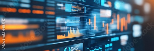 Abstract data visualization with blue and orange color schemes displaying digital analytics.