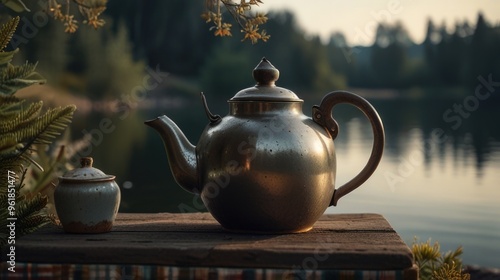 vintage teapot in a campsite near the lake photo