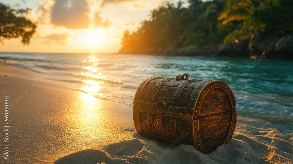 Fototapeta premium treasure chests half-buried in sand on a deserted beach or tropical island, evoking the mystery of pirate treasure.