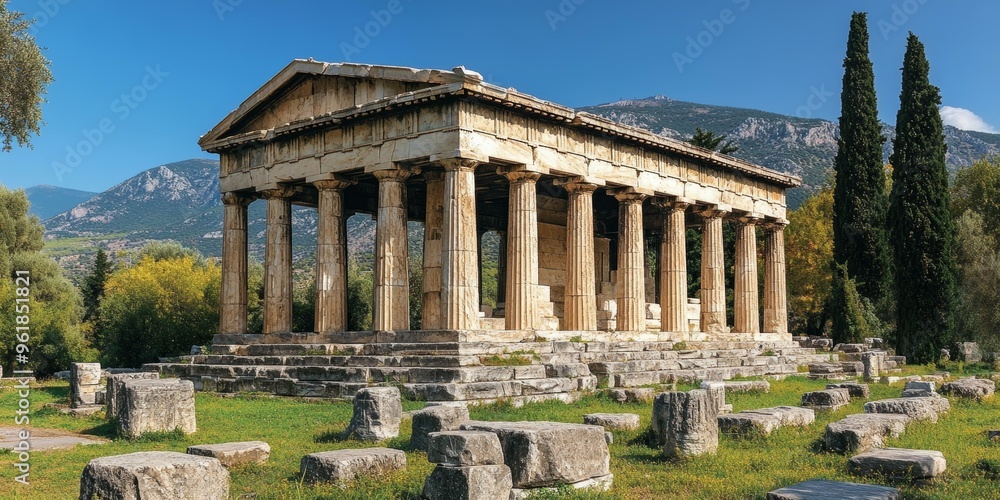 Ancient Greek temple ruins surrounded by trees and grass. Ancient Greek temple ruins surrounded by trees and grass.