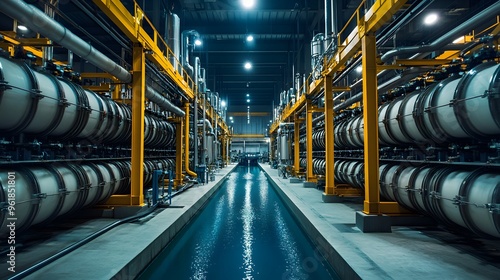 Desalination Plant
A high-tech desalination facility with rows of tubes, filters, and pumps working to convert seawater to freshwater. The mechanical setup is complex, with industrial machinery surrou photo