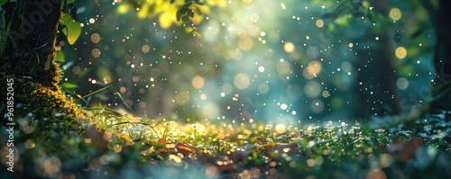 Ethereal green forest filled with glowing fireflies. banner