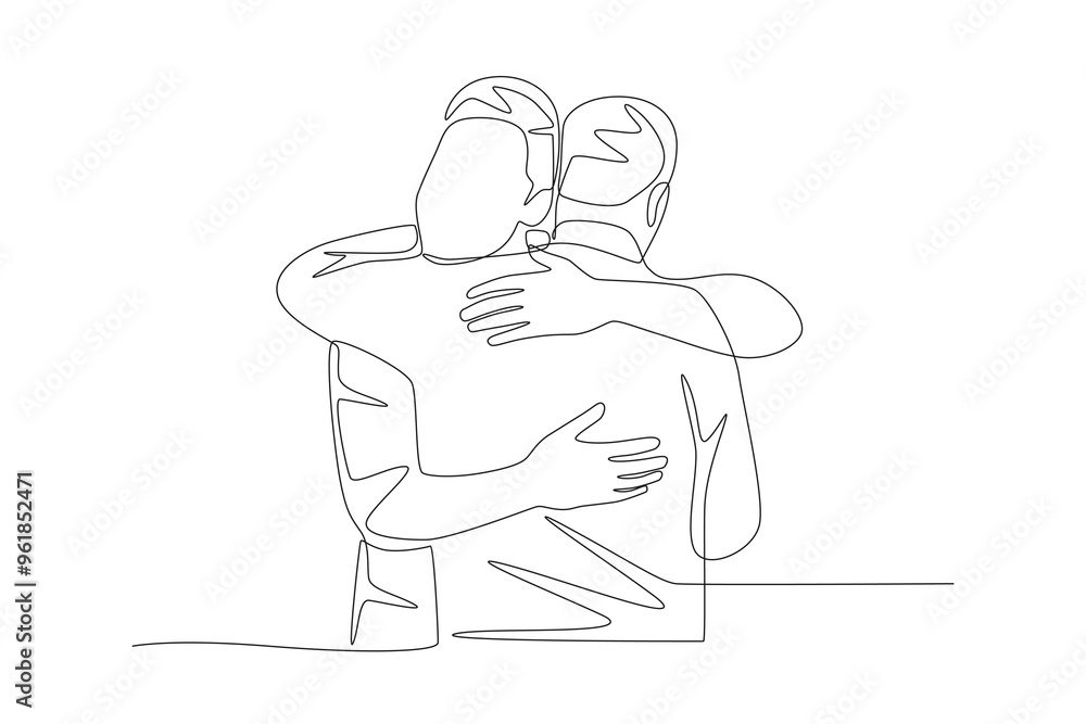 Son hugs father after wandering for a long time. Returning home to their families concept one-line drawing Son hugs father after wandering for a long time. Returning home to their families concept one-line drawing