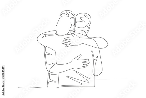 Son hugs father after wandering for a long time. Returning home to their families concept one-line drawing