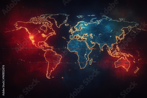 A colorful representation of a world map, highlighting continents with glowing orange and blue outlines