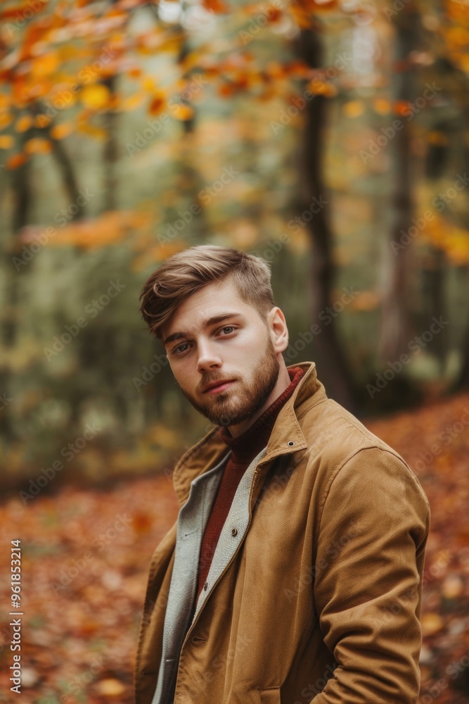 A man in a brown jacket is standing in a forest with leaves on the ground