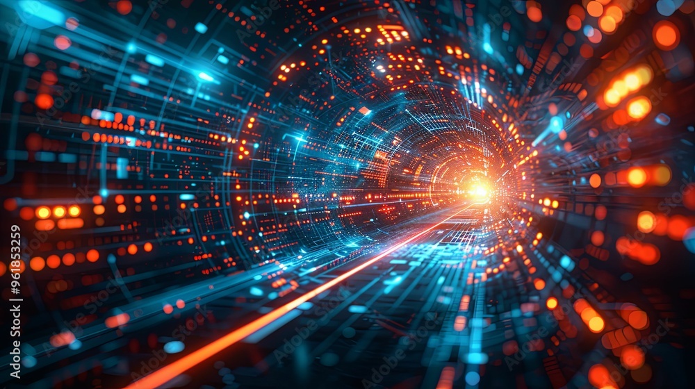 Abstract Digital Tunnel with Red and Blue Lights Abstract Digital Tunnel with Red and Blue Lights