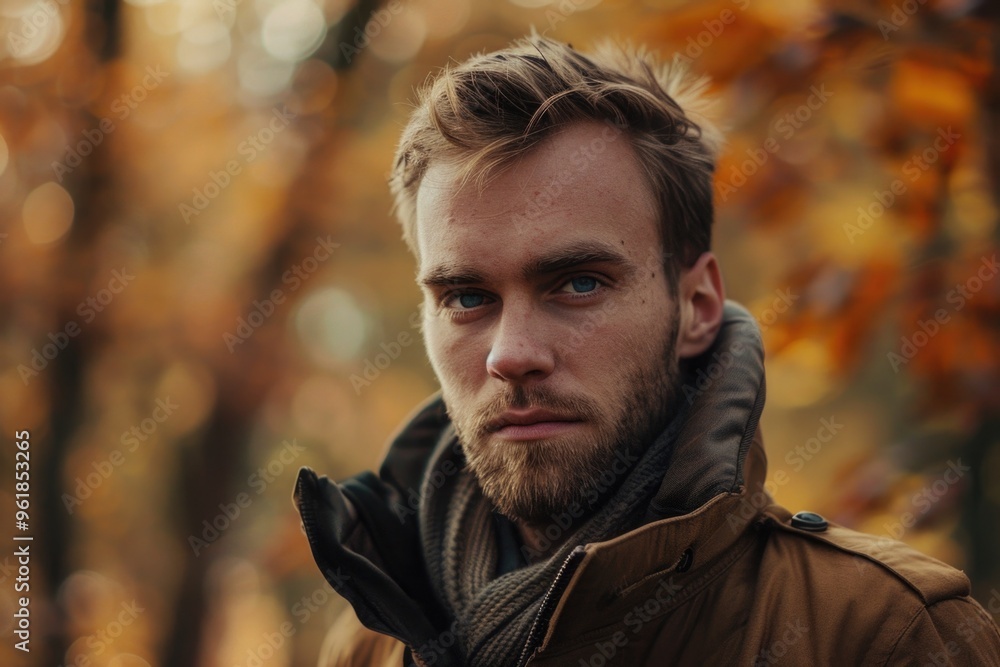 A man with a beard and a scarf is standing in a forest A man with a beard and a scarf is standing in a forest