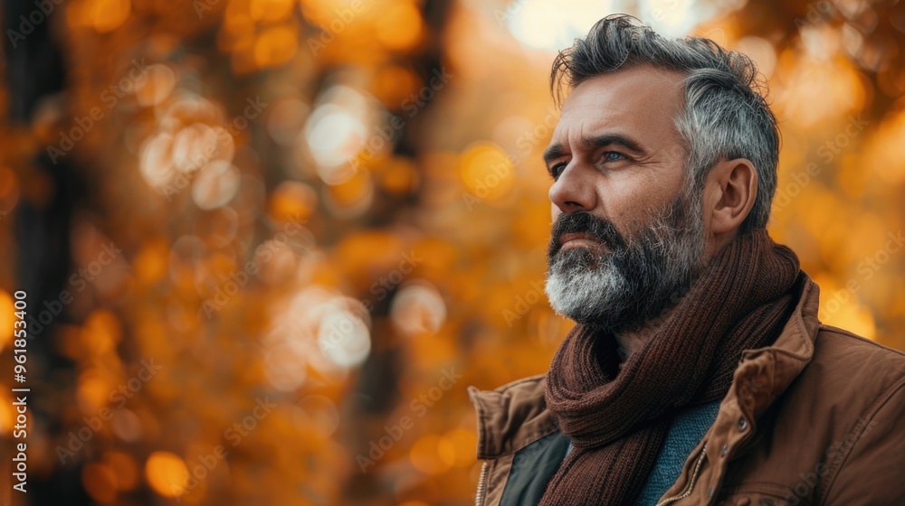 A man with a beard and gray hair is wearing a brown scarf and jacket A man with a beard and gray hair is wearing a brown scarf and jacket