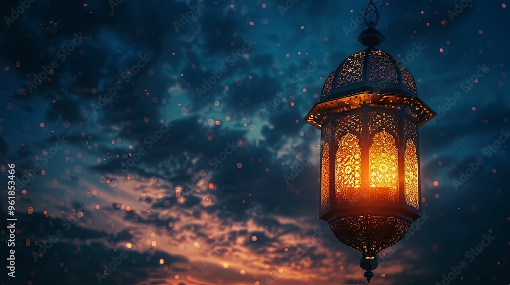 Ornate Lantern Hanging Against a Twilight Sky with Bokeh Ornate Lantern Hanging Against a Twilight Sky with Bokeh