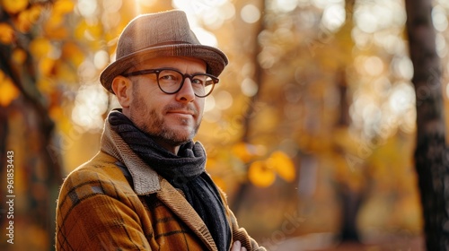 A man wearing a hat and glasses stands in a forest