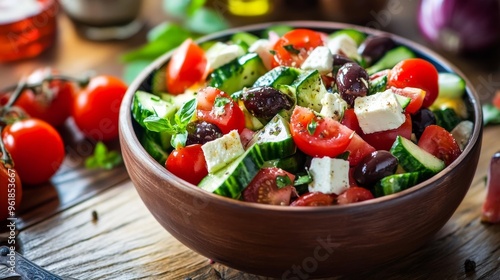 Greek salad in bowl on table