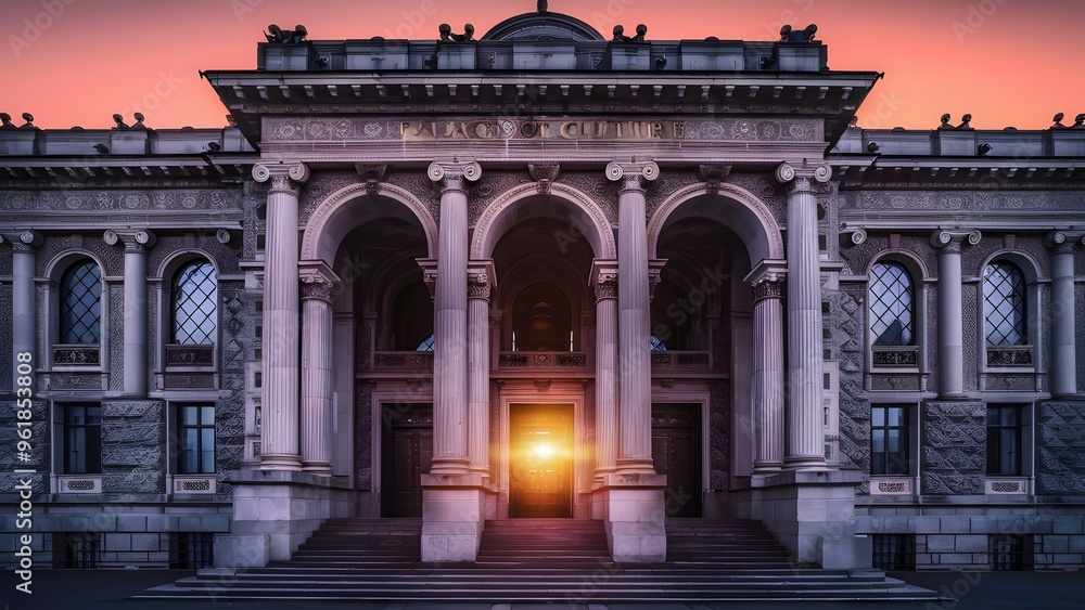 Obraz premium The Palace of Culture at Sunset, generative AI