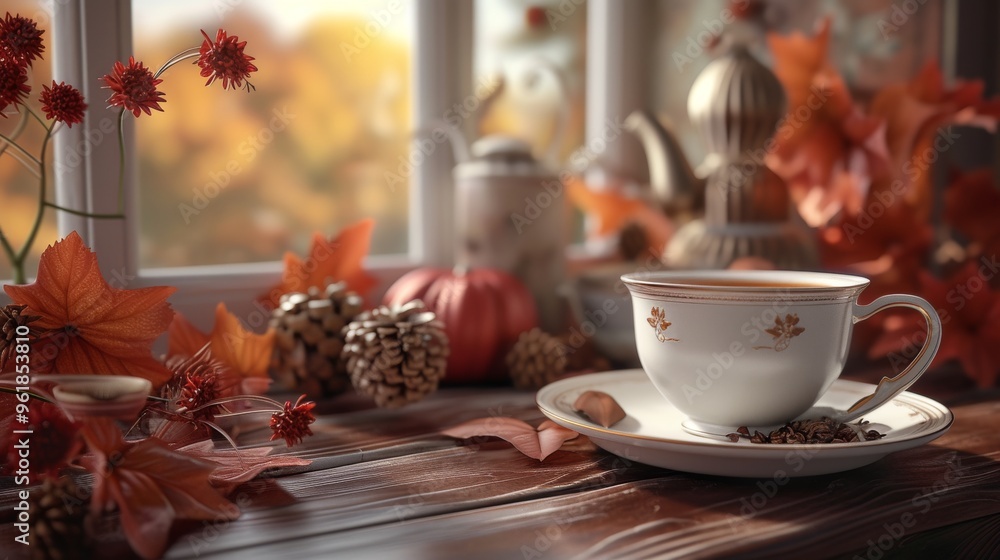 A charming autumn tea setup with a delicate teacup and saucer surrounded by fall decorations like pinecones, leaves, and small pumpkins. The warm, golden light enhances the cozy and seasonal A charming autumn tea setup with a delicate teacup and saucer surrounded by fall decorations like pinecones, leaves, and small pumpkins. The warm, golden light enhances the cozy and seasonal