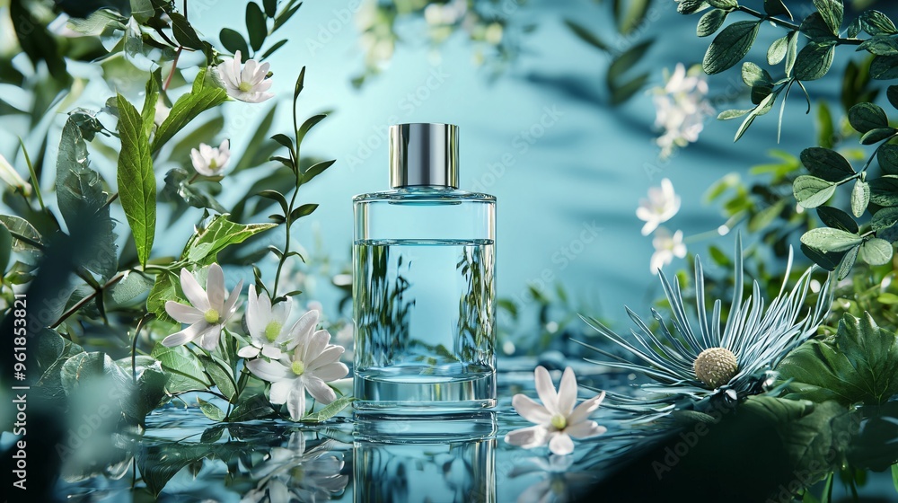 Perfume Bottle with White Flowers and Green Leaves Perfume Bottle with White Flowers and Green Leaves