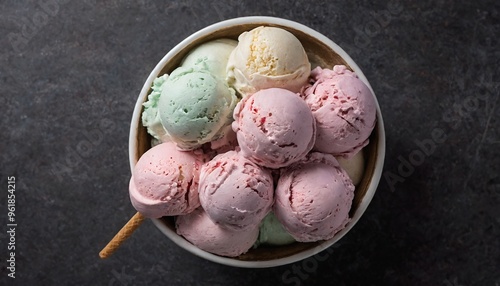 A bowl filled with six scoops of ice cream on top of a table. photo