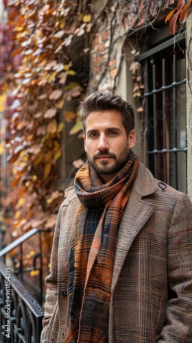 Wallpaper Mural A man wearing a plaid scarf and a brown coat stands in front of a building Torontodigital.ca