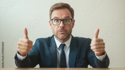 Confident businessman giving thumbs up with enthusiasm, representing success and positive attitude in a professional setting.