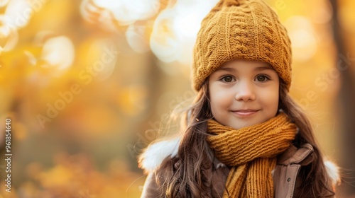 A young girl wearing a yellow hat and scarf is smiling