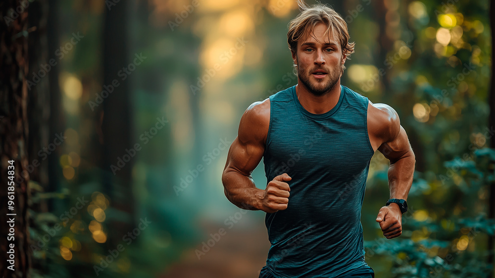 Focused athlete running through forest trail during early morning workout Focused athlete running through forest trail during early morning workout
