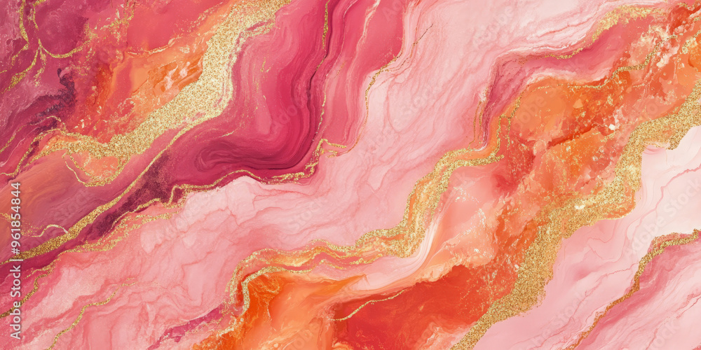 A vibrant pink and orange marble texture with gold veins swirling through, creating an energetic abstract design. A vibrant pink and orange marble texture with gold veins swirling through, creating an energetic abstract design.