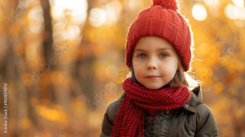 A young girl wearing a red hat and a red scarf stands in a forest