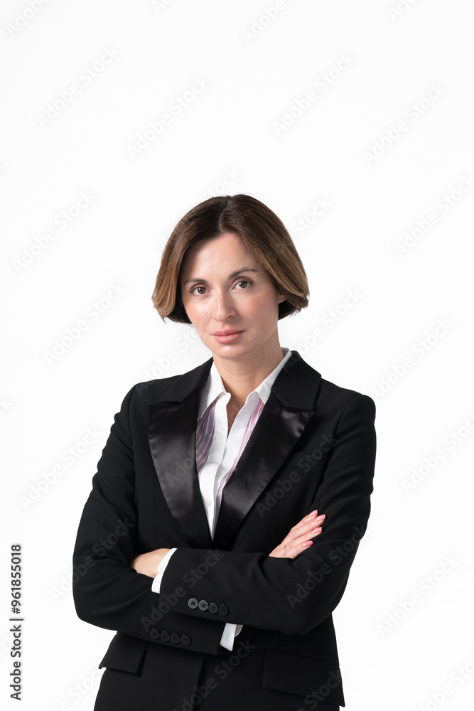 Young cheerful business lady with crossed arms standing and smiling isolated on white background Young cheerful business lady with crossed arms standing and smiling isolated on white background