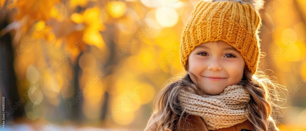A young girl wearing a yellow hat and scarf is smiling A young girl wearing a yellow hat and scarf is smiling