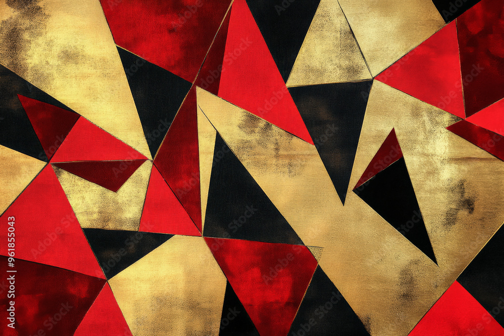Fototapeta premium A bold red and gold geometric design with sharp triangles and diamonds creating a striking, luxurious abstract pattern.