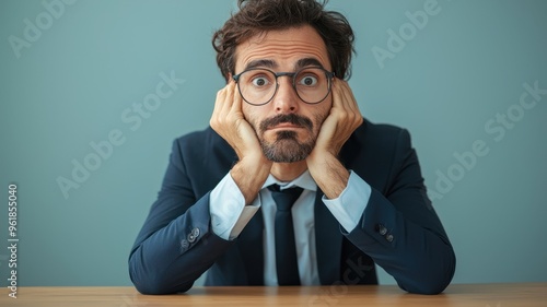 A man in a suit showing frustration and distress, resting his chin on his hands at a desk, with a neutral background.