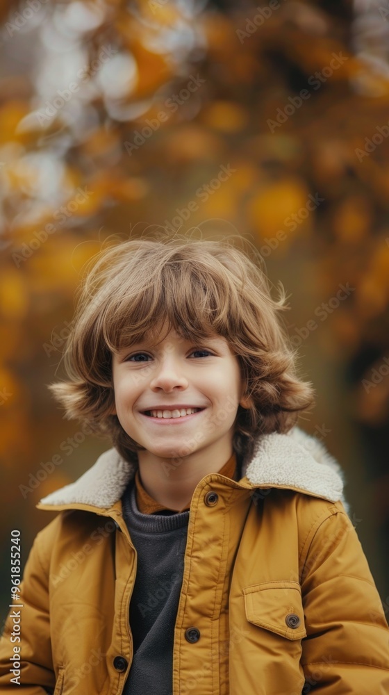 A young boy wearing a yellow jacket and smiling A young boy wearing a yellow jacket and smiling