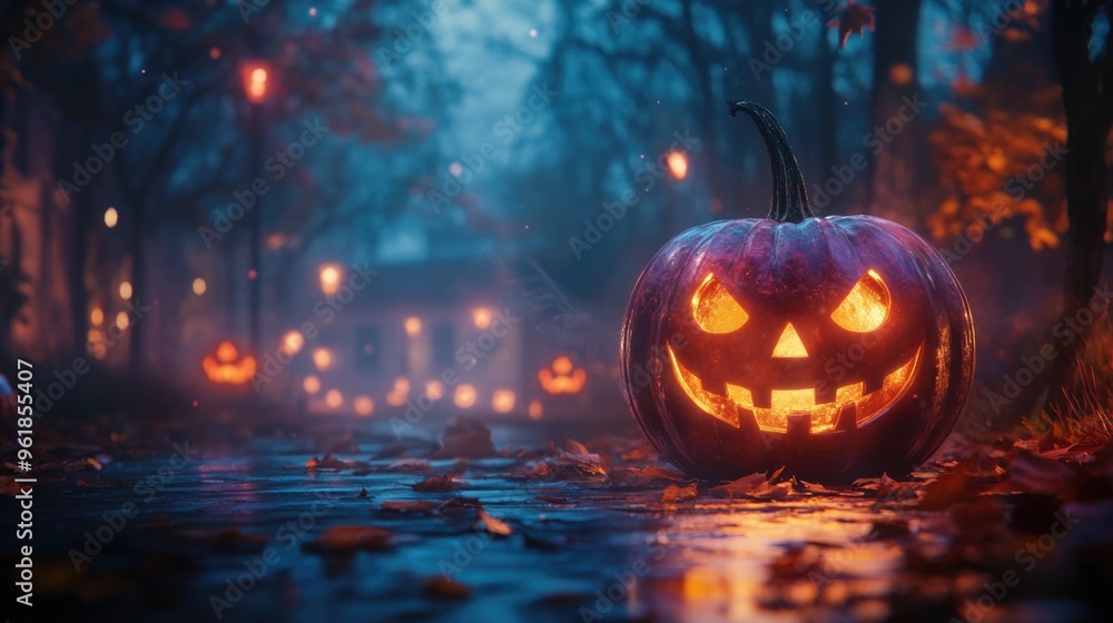 Naklejka premium A pumpkin with a smiley face on it is sitting on a wet road