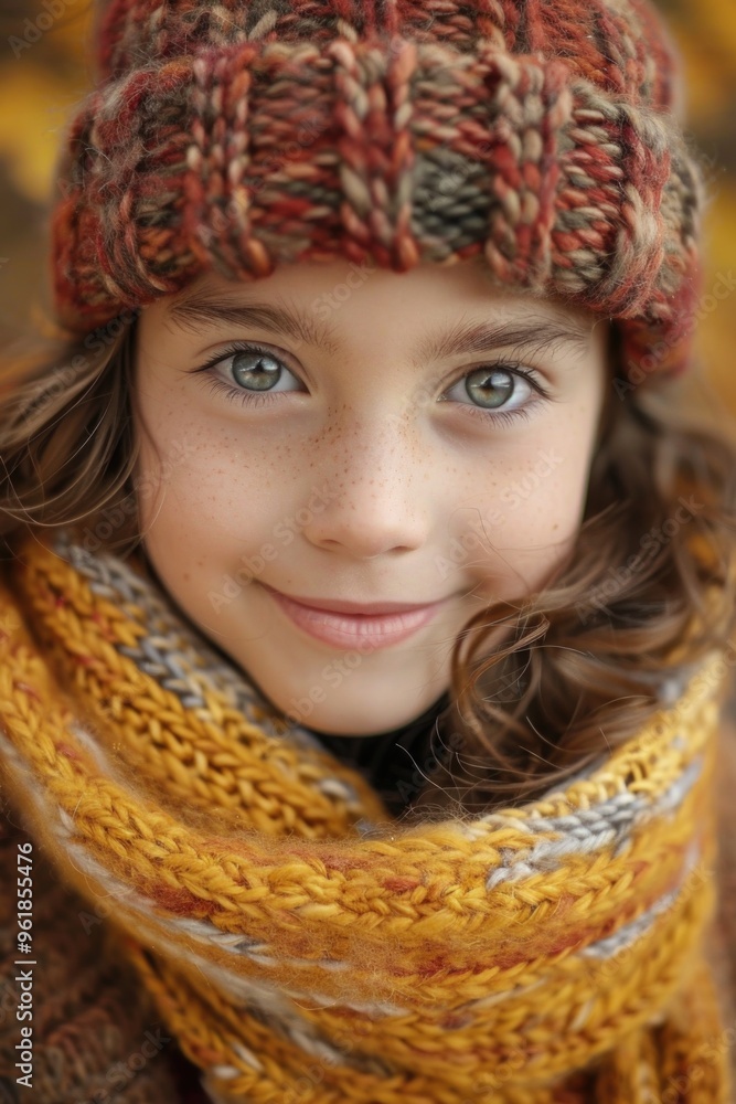 A young girl with green eyes is wearing a knit hat and scarf A young girl with green eyes is wearing a knit hat and scarf