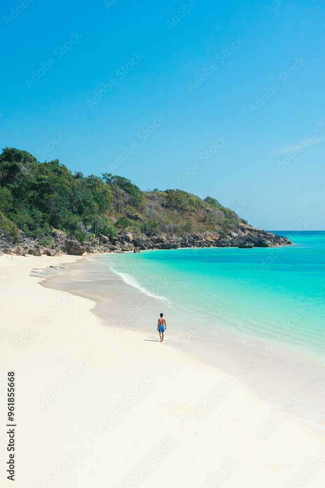 Traveler man relaxing on vacation beach joy nature view scenic landscape. summer background and summer holiday concept. Traveler man relaxing on vacation beach joy nature view scenic landscape. summer background and summer holiday concept.